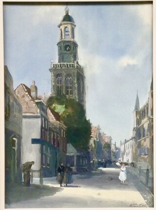 Gouache; ‘Stadsgezicht met toren’ , Kunstenaar Adriaan Terhell (1863 –